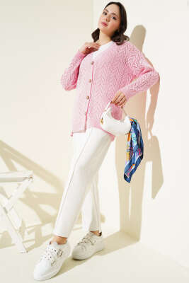 Zikzak Desen Düğmeli Triko Hırka Pembe - Triko Hırka