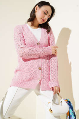 Zikzak Desen Düğmeli Triko Hırka Pembe 