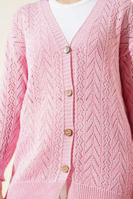 Zikzak Desen Düğmeli Triko Hırka Pembe - Triko Hırka