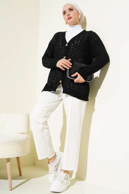 Zikzak Desen Düğmeli Triko Hırka Siyah - Triko Hırka
