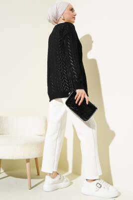 Zikzak Desen Düğmeli Triko Hırka Siyah - Triko Hırka