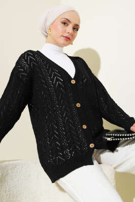 Zikzak Desen Düğmeli Triko Hırka Siyah 