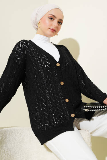 Zikzak Desen Düğmeli Triko Hırka Siyah - Triko Hırka
