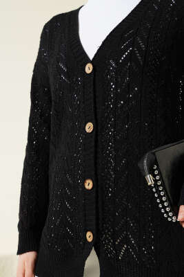 Zikzak Desen Düğmeli Triko Hırka Siyah - Triko Hırka