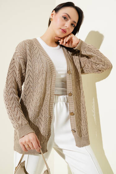 Zikzak Desen Düğmeli Triko Hırka Vizon - Hırka