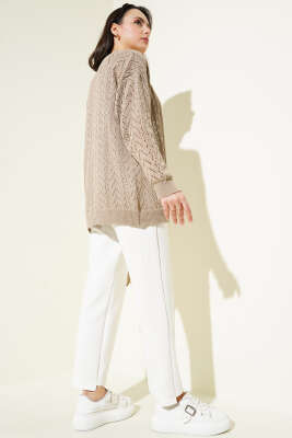 Zikzak Desen Düğmeli Triko Hırka Vizon - Triko Hırka