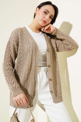 Zikzak Desen Düğmeli Triko Hırka Vizon 