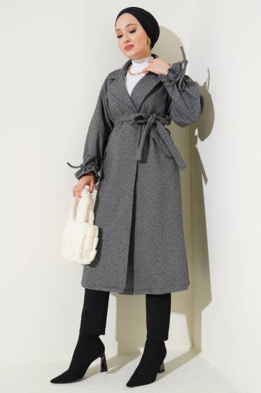 Zikzak Desen Kol İpli Kaşe Kaban Füme - Kaban