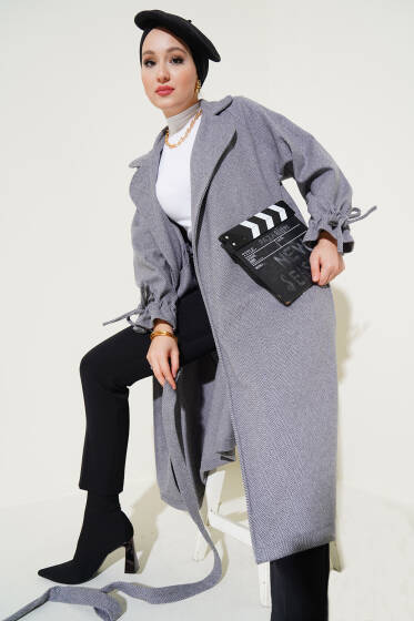 Zikzak Desen Kol İpli Kaşe Kaban Gri - Kaban