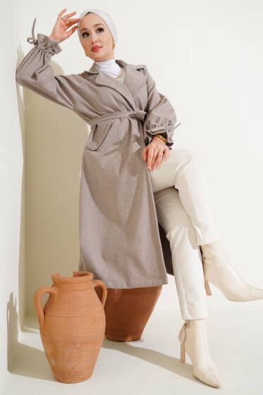 Zikzak Desen Kol İpli Kaşe Kaban Vizon - Kaban