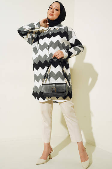 Zikzak Desen Oversize Gömlek Gri - Gömlek