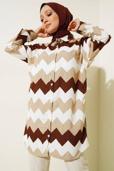 Zikzak Desen Oversize Gömlek Kahve - Gömlek