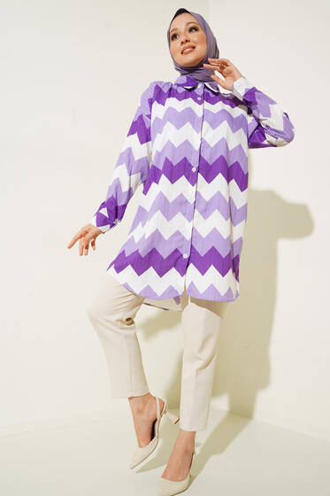 Zikzak Desen Oversize Gömlek Lila - Gömlek