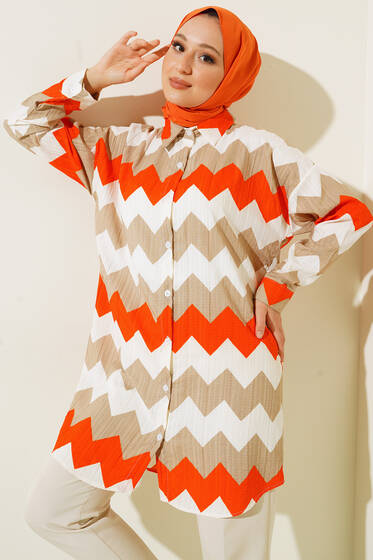Zikzak Desen Oversize Gömlek Oranj - Gömlek