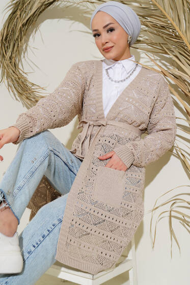 Zikzak Desenli Delikli Kuşaklı Triko Hırka Bej - Hırka