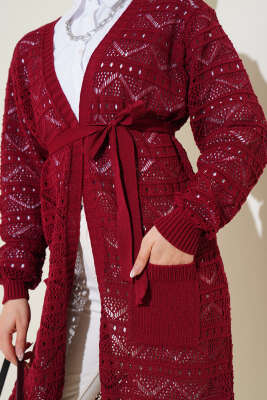 Zikzak Desenli Delikli Kuşaklı Triko Hırka Bordo - 100-300 TL Ürünler