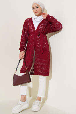 Zikzak Desenli Delikli Kuşaklı Triko Hırka Bordo - Triko Hırka