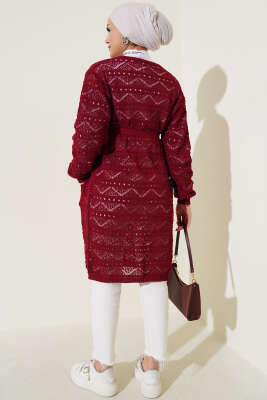 Zikzak Desenli Delikli Kuşaklı Triko Hırka Bordo - Triko Hırka