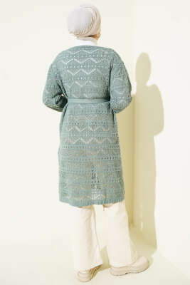 Zikzak Desenli Delikli Kuşaklı Triko Hırka Çağla Yeşili - Hırka