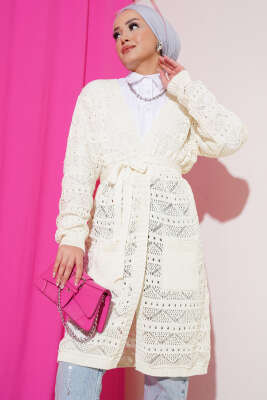 Zikzak Desenli Delikli Kuşaklı Triko Hırka Ekru - RAFİMİX