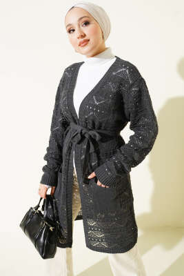 Zikzak Desenli Delikli Kuşaklı Triko Hırka Füme - Hırka