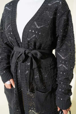 Zikzak Desenli Delikli Kuşaklı Triko Hırka Füme - Hırka