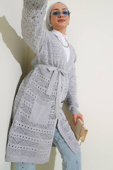 Zikzak Desenli Delikli Kuşaklı Triko Hırka Gri - Hırka