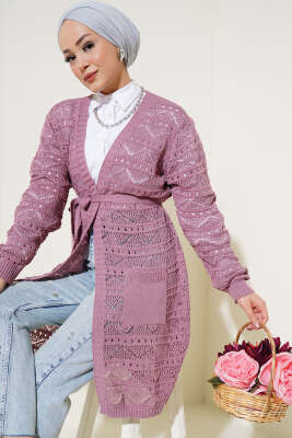 Zikzak Desenli Delikli Kuşaklı Triko Hırka Gül Kurusu 