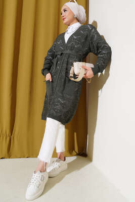 Zikzak Desenli Delikli Kuşaklı Triko Hırka Haki - Triko Hırka