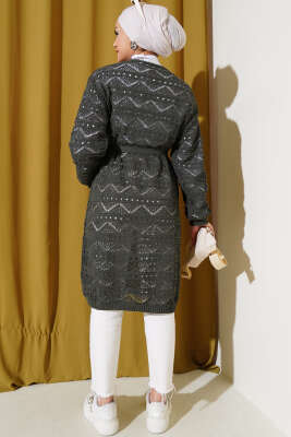 Zikzak Desenli Delikli Kuşaklı Triko Hırka Haki - Triko Hırka