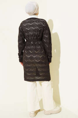 Zikzak Desenli Delikli Kuşaklı Triko Hırka Kahve - Hırka