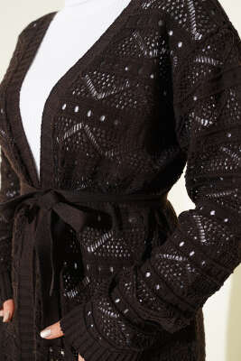 Zikzak Desenli Delikli Kuşaklı Triko Hırka Kahve - Hırka