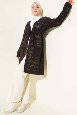 Zikzak Desenli Delikli Kuşaklı Triko Hırka Kahve 