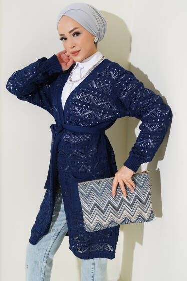 Zikzak Desenli Delikli Kuşaklı Triko Hırka Lacivert - Hırka