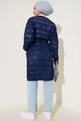 Zikzak Desenli Delikli Kuşaklı Triko Hırka Lacivert - Triko Hırka