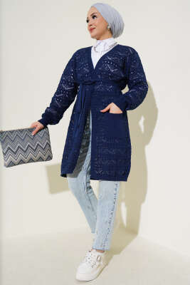 Zikzak Desenli Delikli Kuşaklı Triko Hırka Lacivert - Triko Hırka