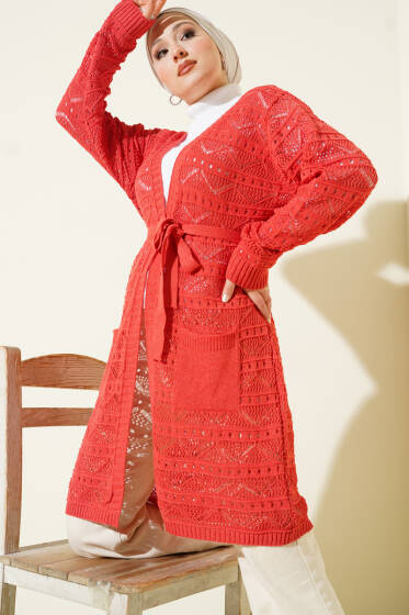 Zikzak Desenli Delikli Kuşaklı Triko Hırka Mercan - Hırka