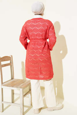 Zikzak Desenli Delikli Kuşaklı Triko Hırka Mercan - Hırka