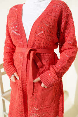 Zikzak Desenli Delikli Kuşaklı Triko Hırka Mercan - Hırka