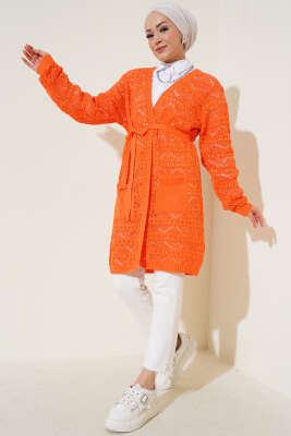 Zikzak Desenli Delikli Kuşaklı Triko Hırka Oranj - Triko Hırka