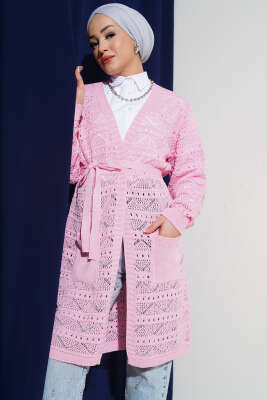 Zikzak Desenli Delikli Kuşaklı Triko Hırka Pembe - 100-300 TL Ürünler