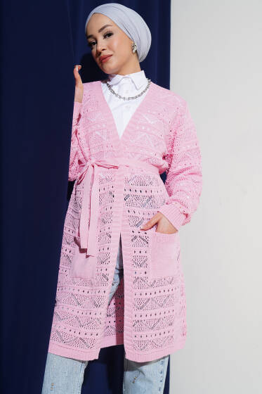 Zikzak Desenli Delikli Kuşaklı Triko Hırka Pembe - Hırka