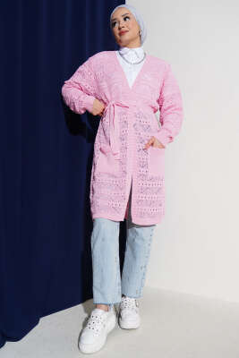 Zikzak Desenli Delikli Kuşaklı Triko Hırka Pembe - Triko Hırka