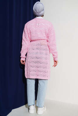 Zikzak Desenli Delikli Kuşaklı Triko Hırka Pembe - Triko Hırka