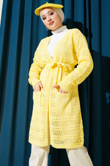 Zikzak Desenli Delikli Kuşaklı Triko Hırka Sarı - Hırka