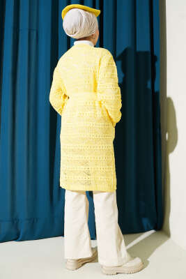 Zikzak Desenli Delikli Kuşaklı Triko Hırka Sarı - Yılın Fırsatı