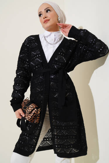 Zikzak Desenli Delikli Kuşaklı Triko Hırka Siyah - Hırka