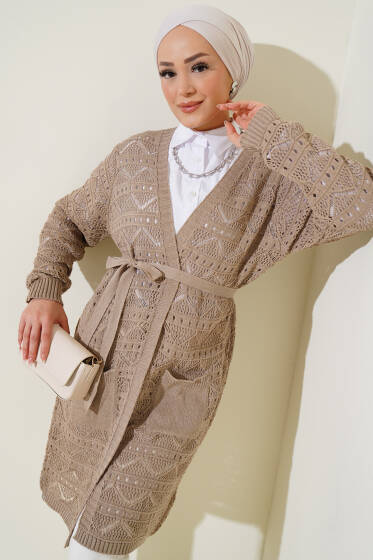 Zikzak Desenli Delikli Kuşaklı Triko Hırka Vizon - Hırka