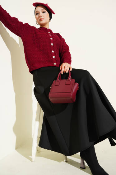 Zikzak Desenli Gold Düğmeli Triko Hırka Bordo - Hırka