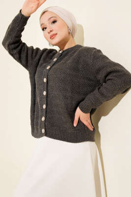 Zikzak Desenli Gold Düğmeli Triko Hırka Füme - RAFİMİX